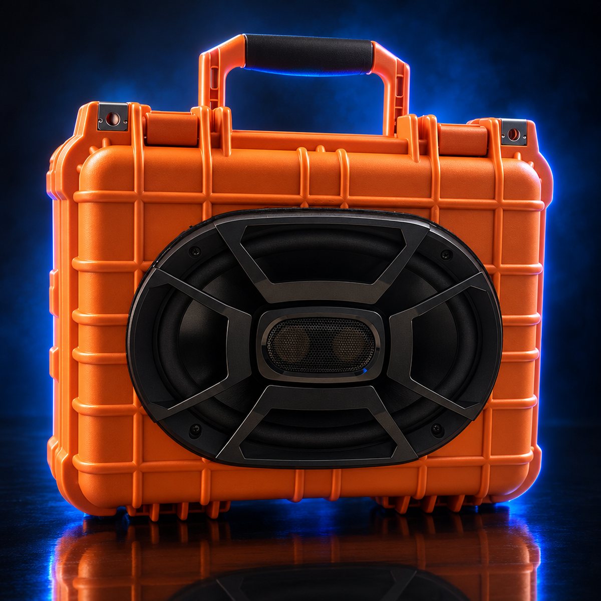 The Original: orange hard-case speaker with a Polk Audio marine 6x9 speaker, studio shot